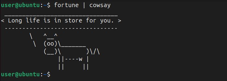 Piping fortune output to cowsay command to display random saying along with ASCII art.