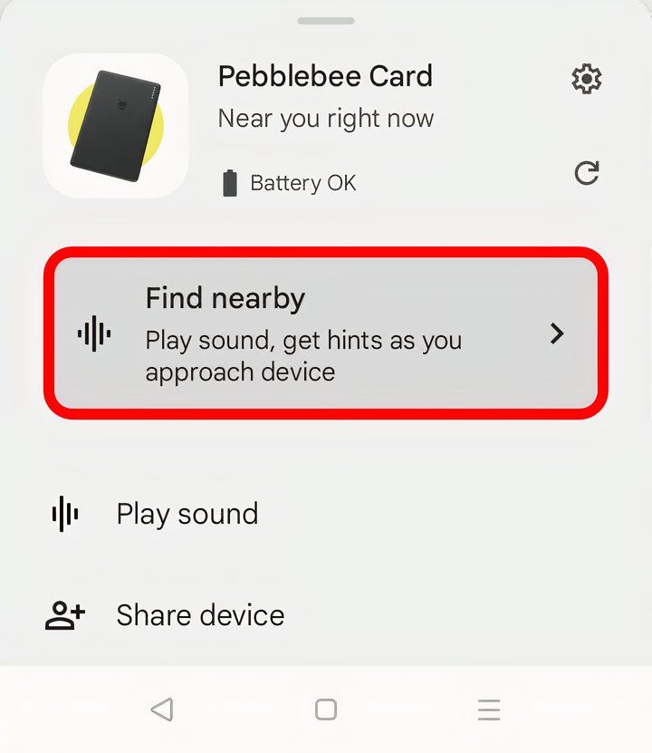 The Find Nearby option selected in Google's Find My Device app.