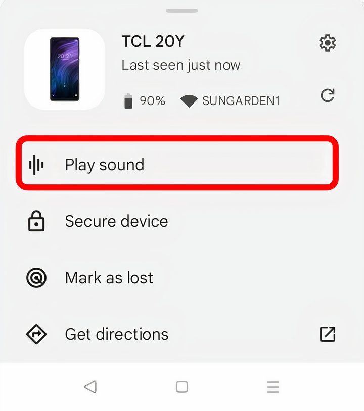 The Play Sound option selected in the Google Find My Device app on Android.