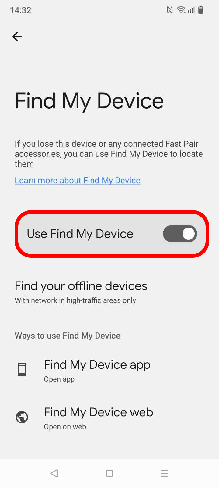 The Use Find My Device switch enabled in Android settings.