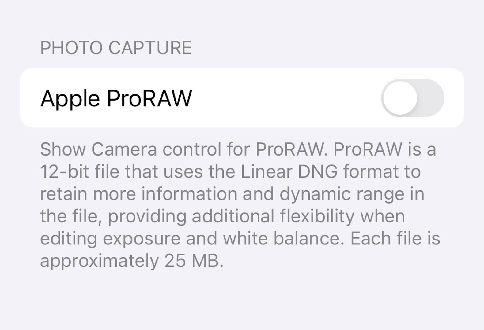 Apple ProRAW toggle.