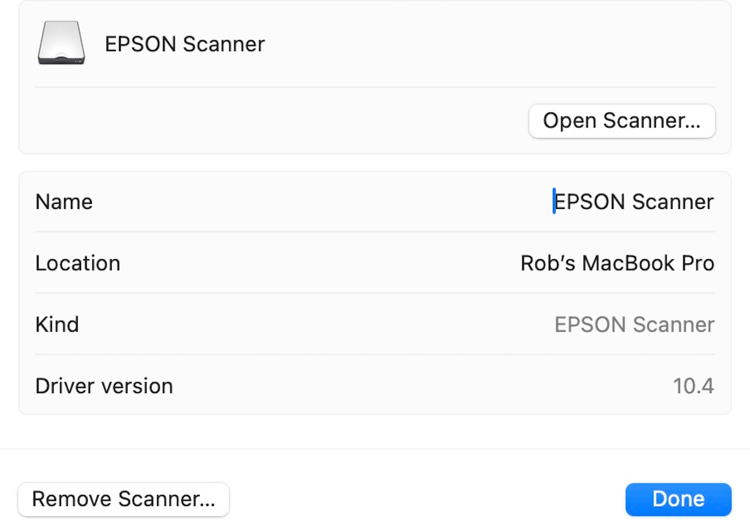 Epson scanner details window in macOS.