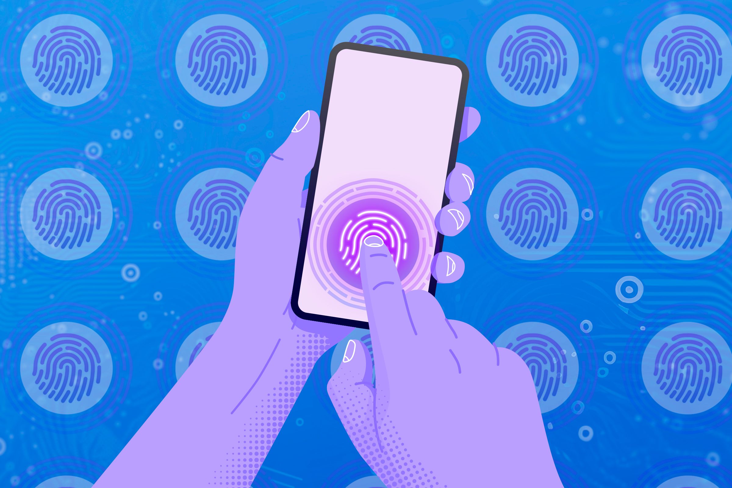 Illustration of a hand using the fingerprint sensor on a phone.