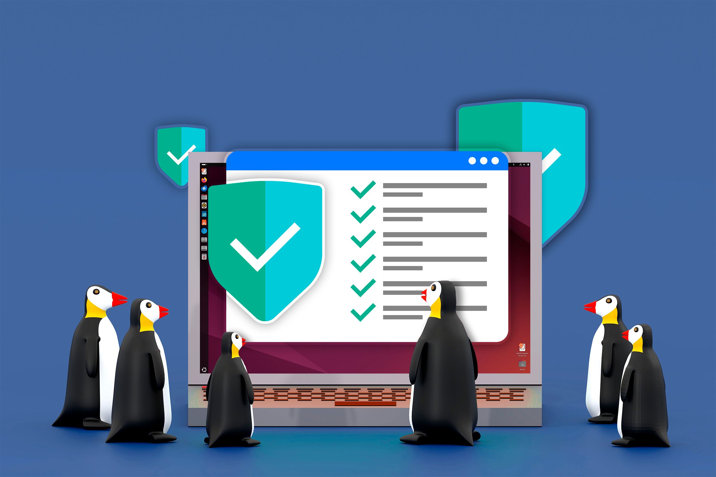 Illustration of a laptop with several penguins looking at a window showing a shield and 6 completed steps.