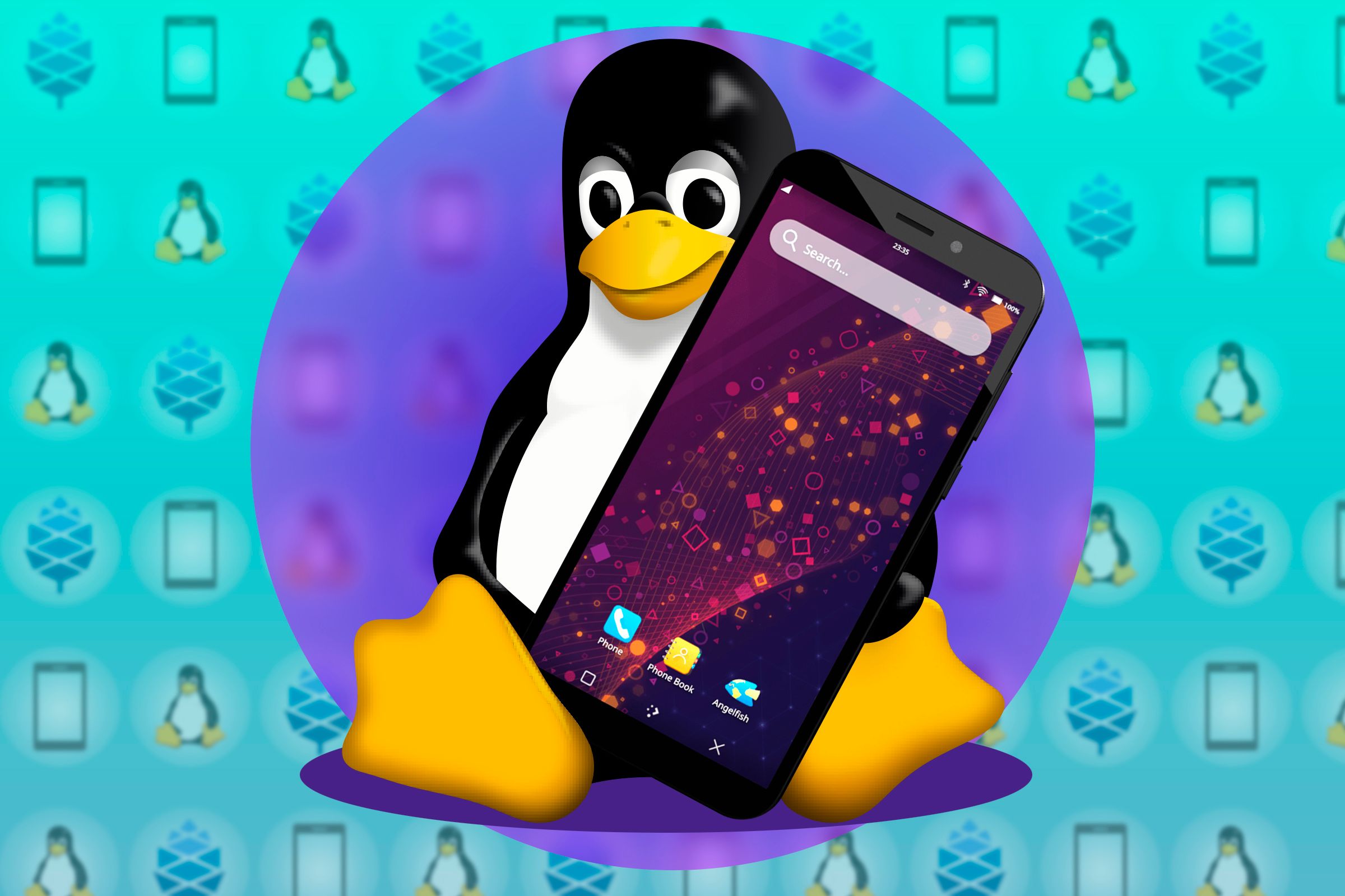 Illustration of the Linux mascot holding a phone.