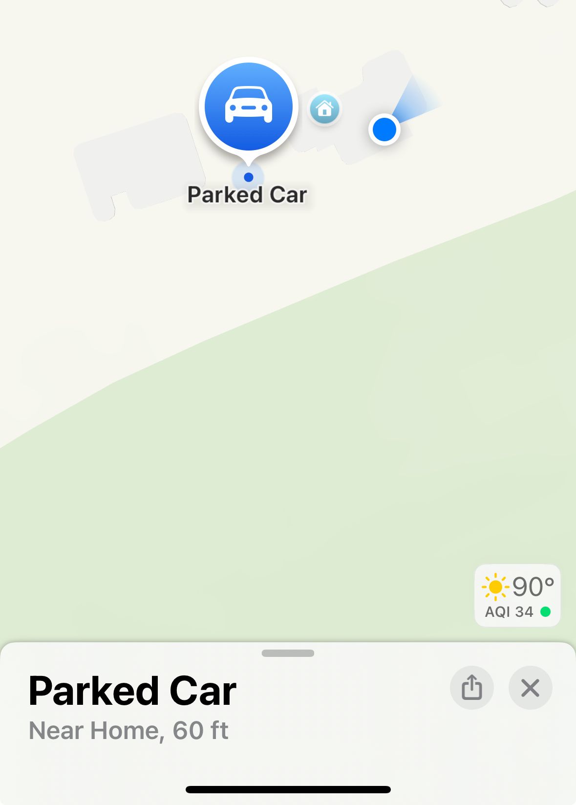 Apple Maps showing location of parked car.