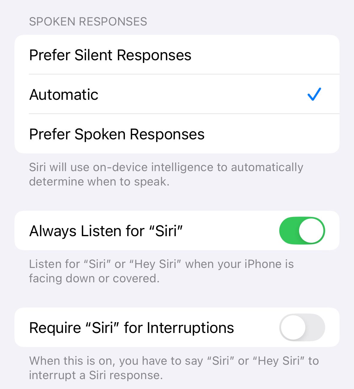 Settings app with "Always Listen for Siri" setting toggled to the "On" position.