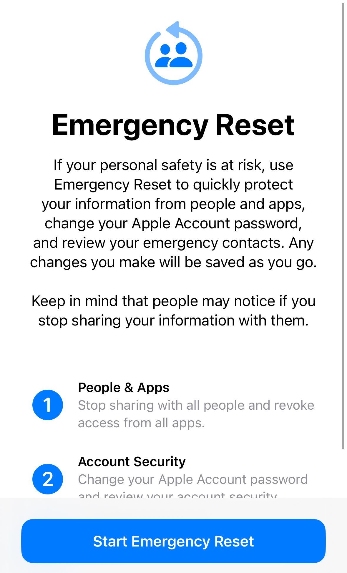 Emergency Reset menu in Safety check settings on iPhone.