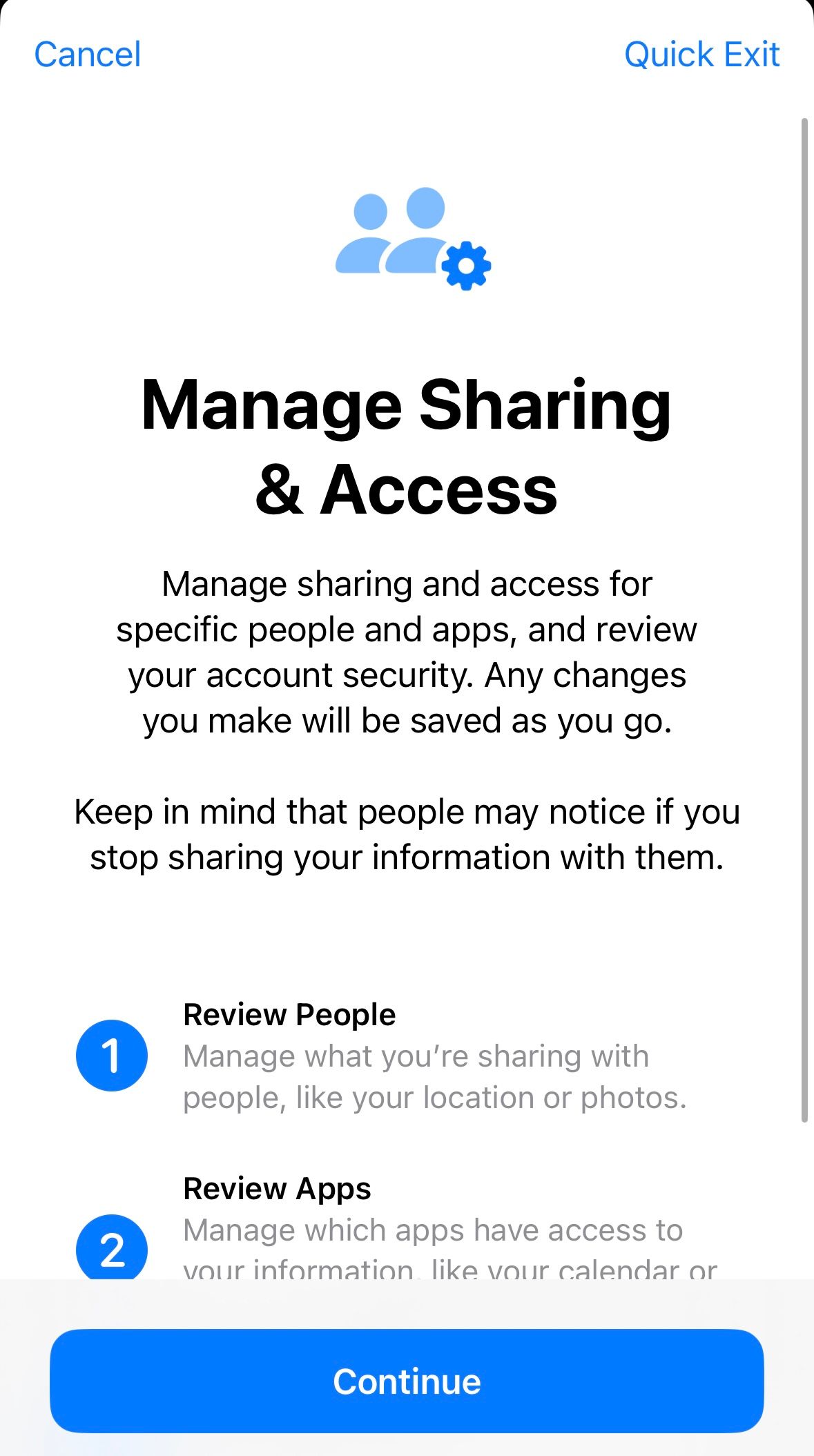 Manage Sharing & Access menu in Safety Check settings.