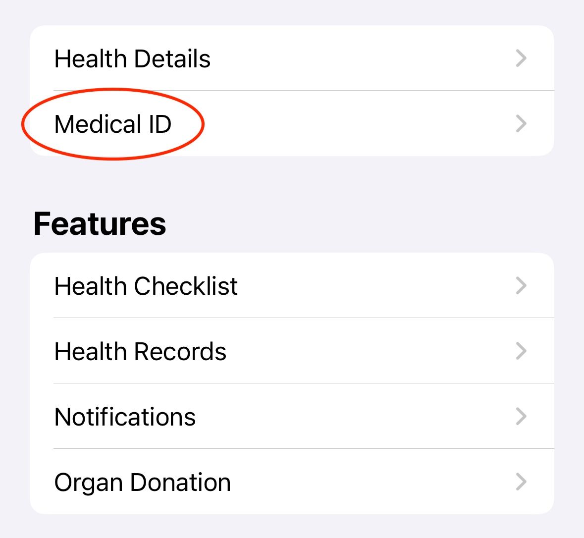 Settings available in the iPhone's Health app, with Medical ID circled.