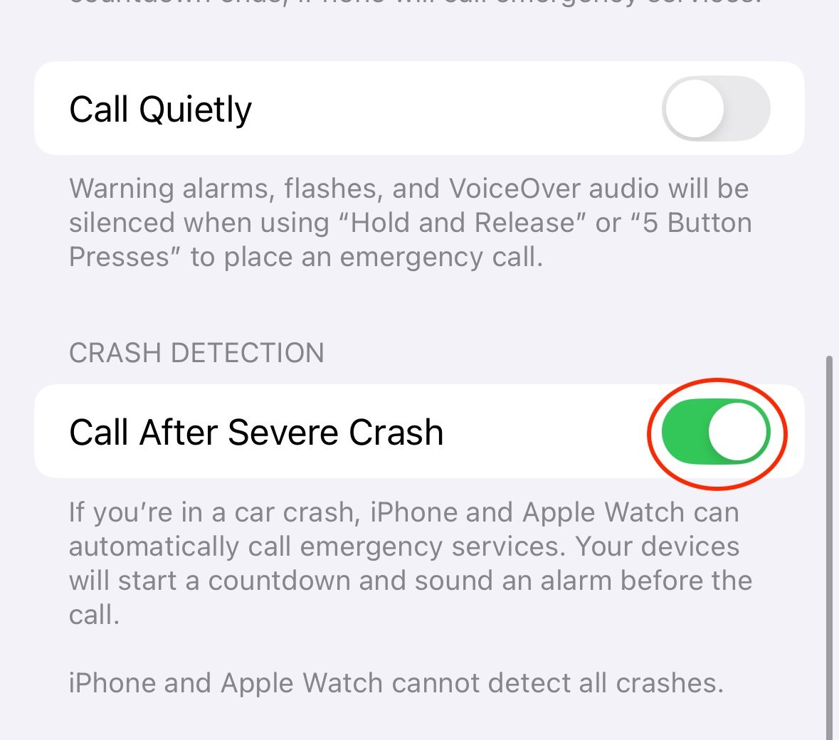 Emergency SOS settings with Crash Detection toggle circled.