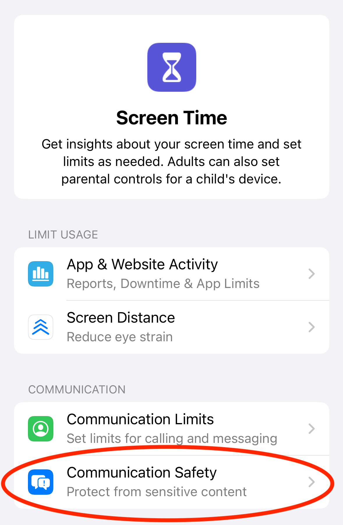 Screen Time settings screen on iPhone, with Communication Safety tab circled.