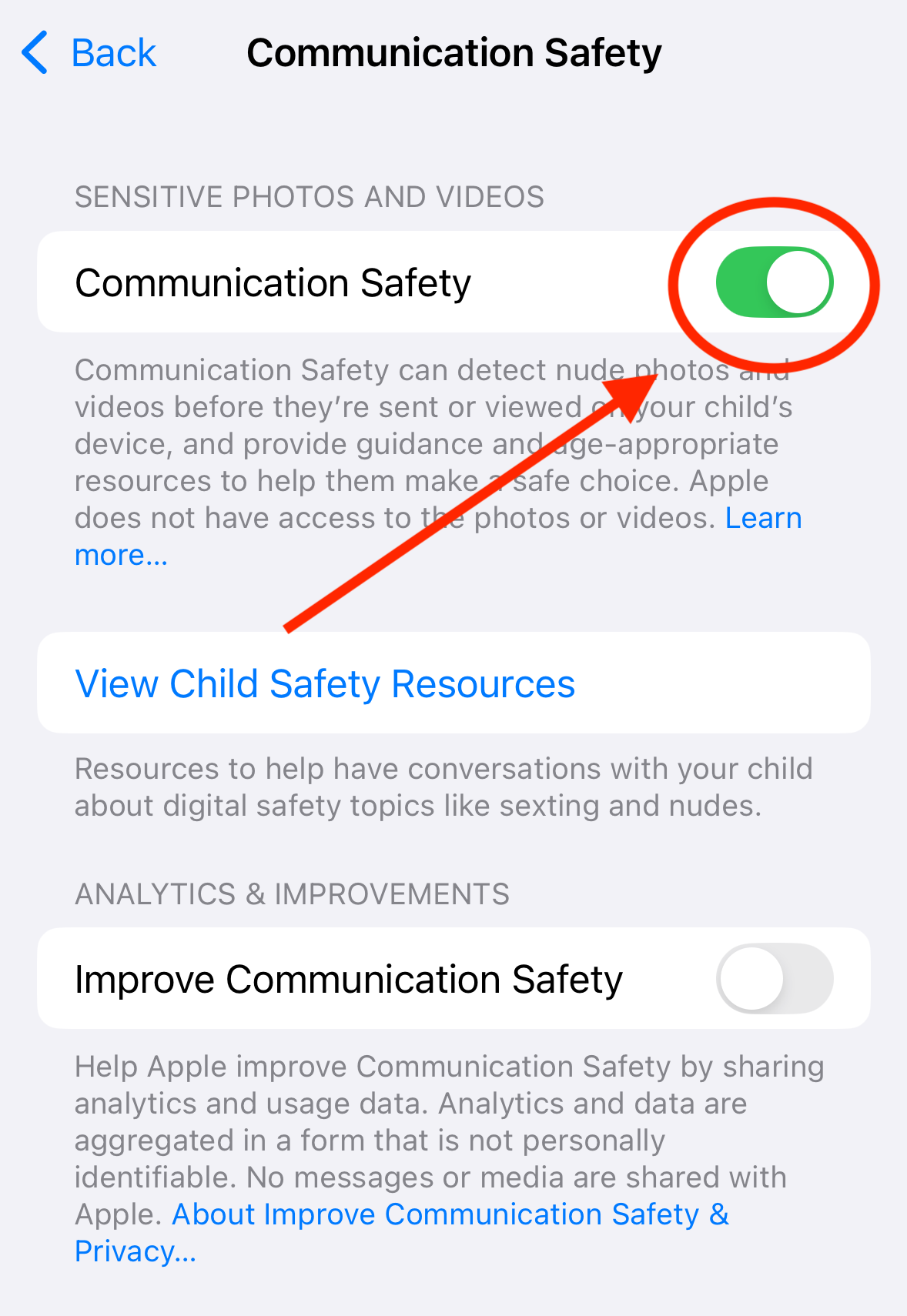 Communication Safety settings on iPhone, with toggle to turn on feature circled in red.