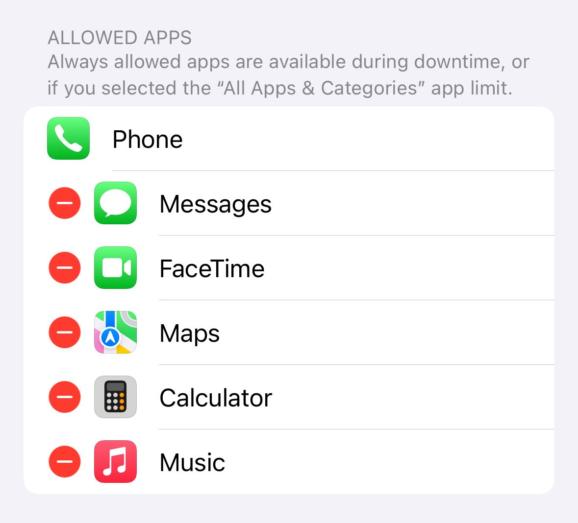 iPhone Settings app showing Allowed Apps in Screen Time.