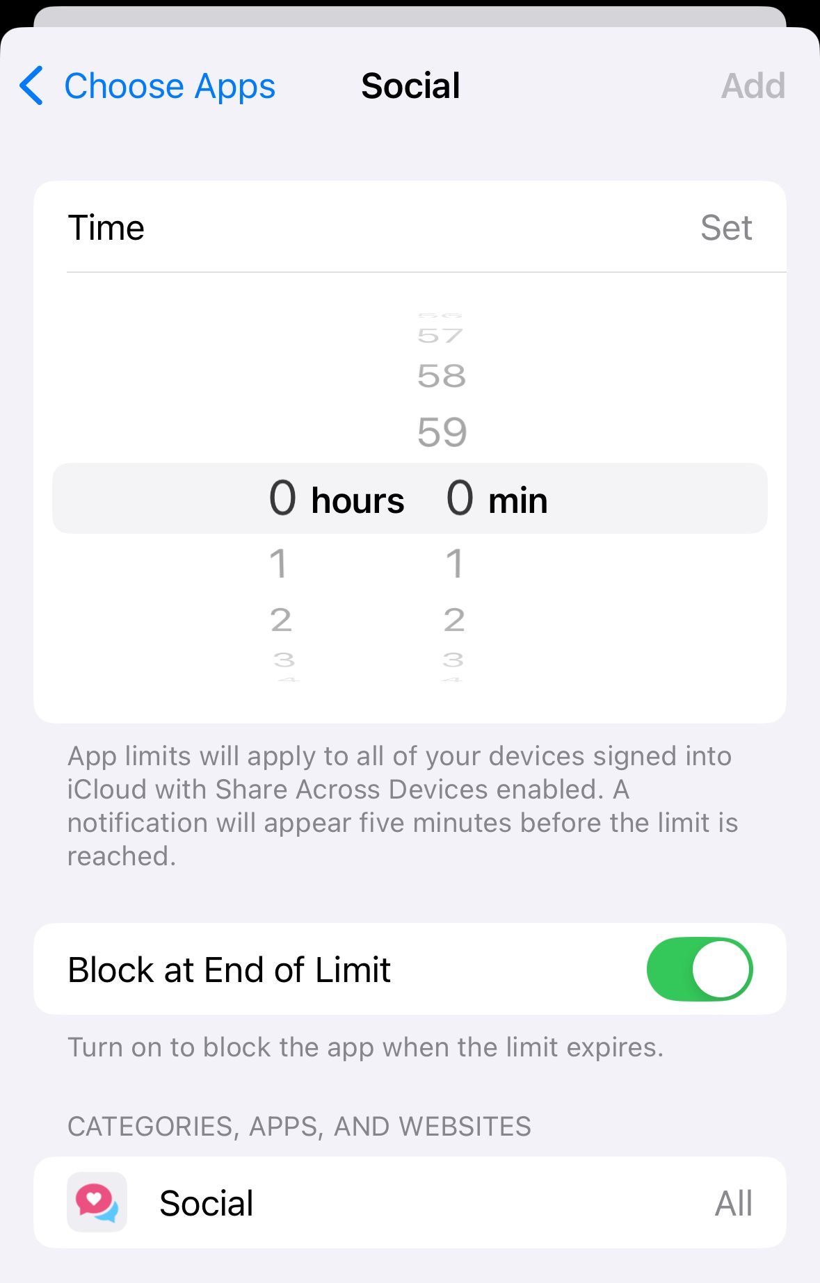 App Limit settings in Screen Time on iPhone, showing Time Limit being set.