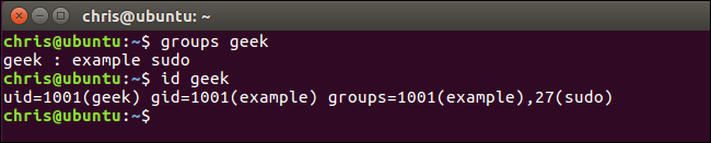 Checking the groups the geek user belongs to.