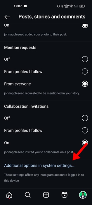 Additional options in system settings