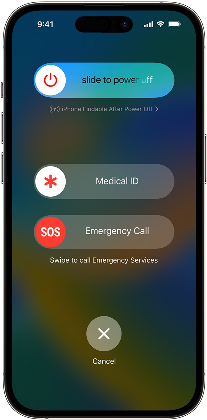 iPhone displaying Emergency SOS menu, including Slide to Power Off, Medical ID, Emergency Call, and Cancel.