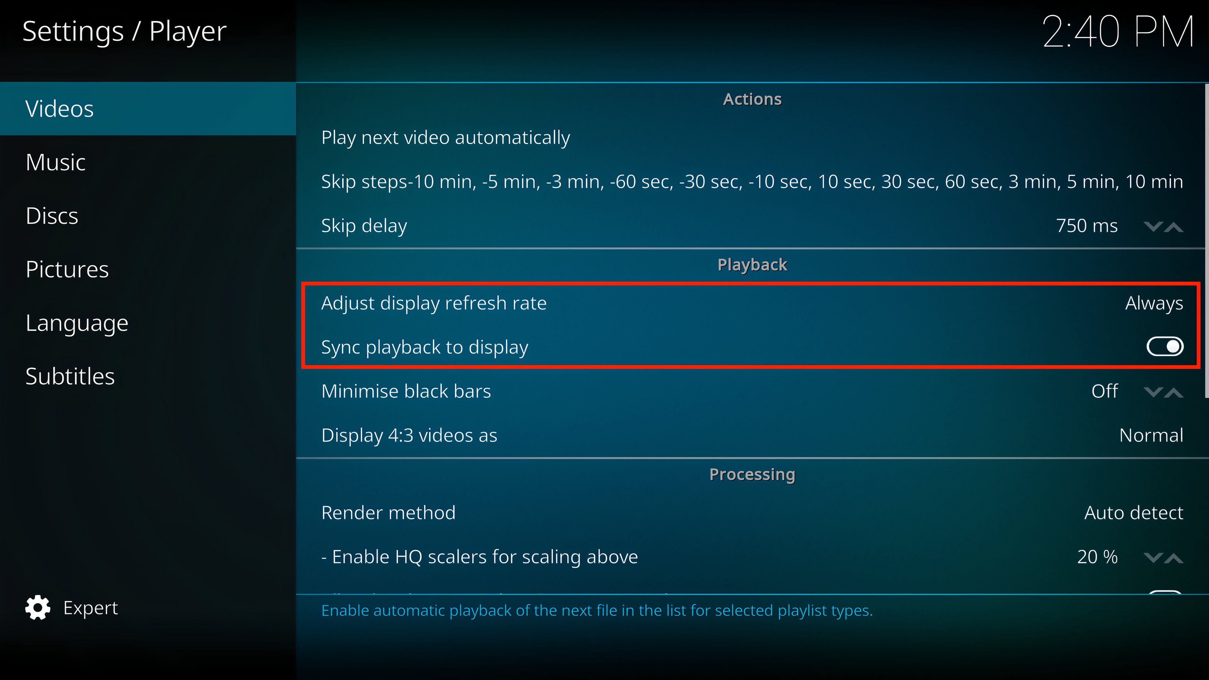 Configure Kodi video settings for smoother playback.