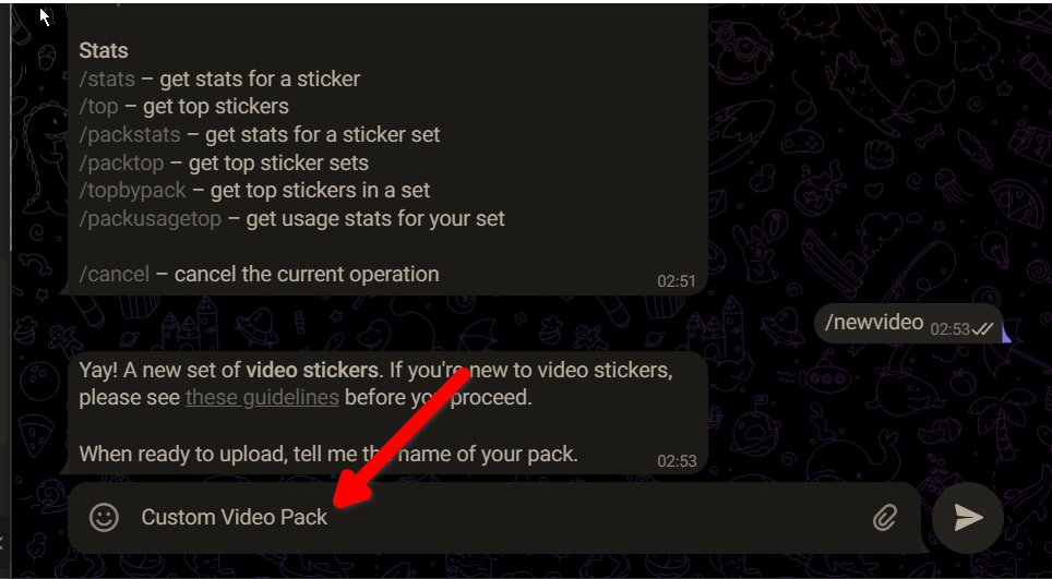 Creating a new video sticker pack in Telegram.