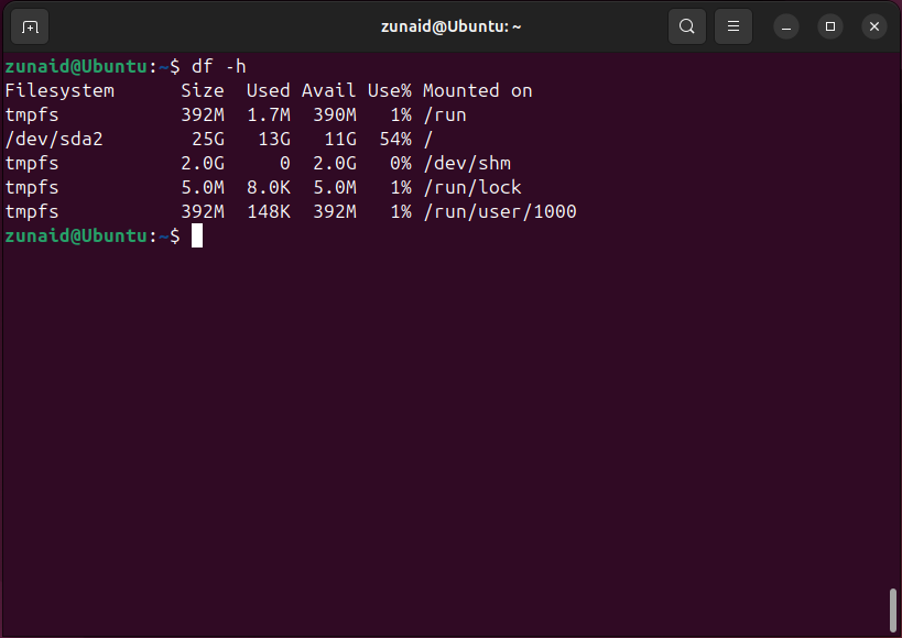 Linux disk space usage in a human readable format using the df command.