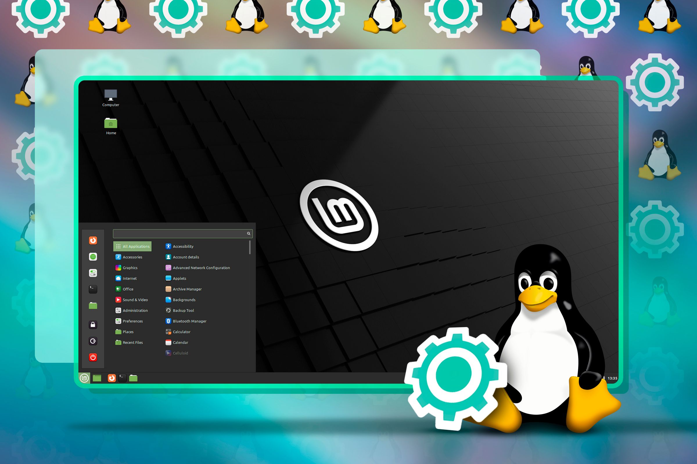 Linux screen with Tux and a Gear icon.