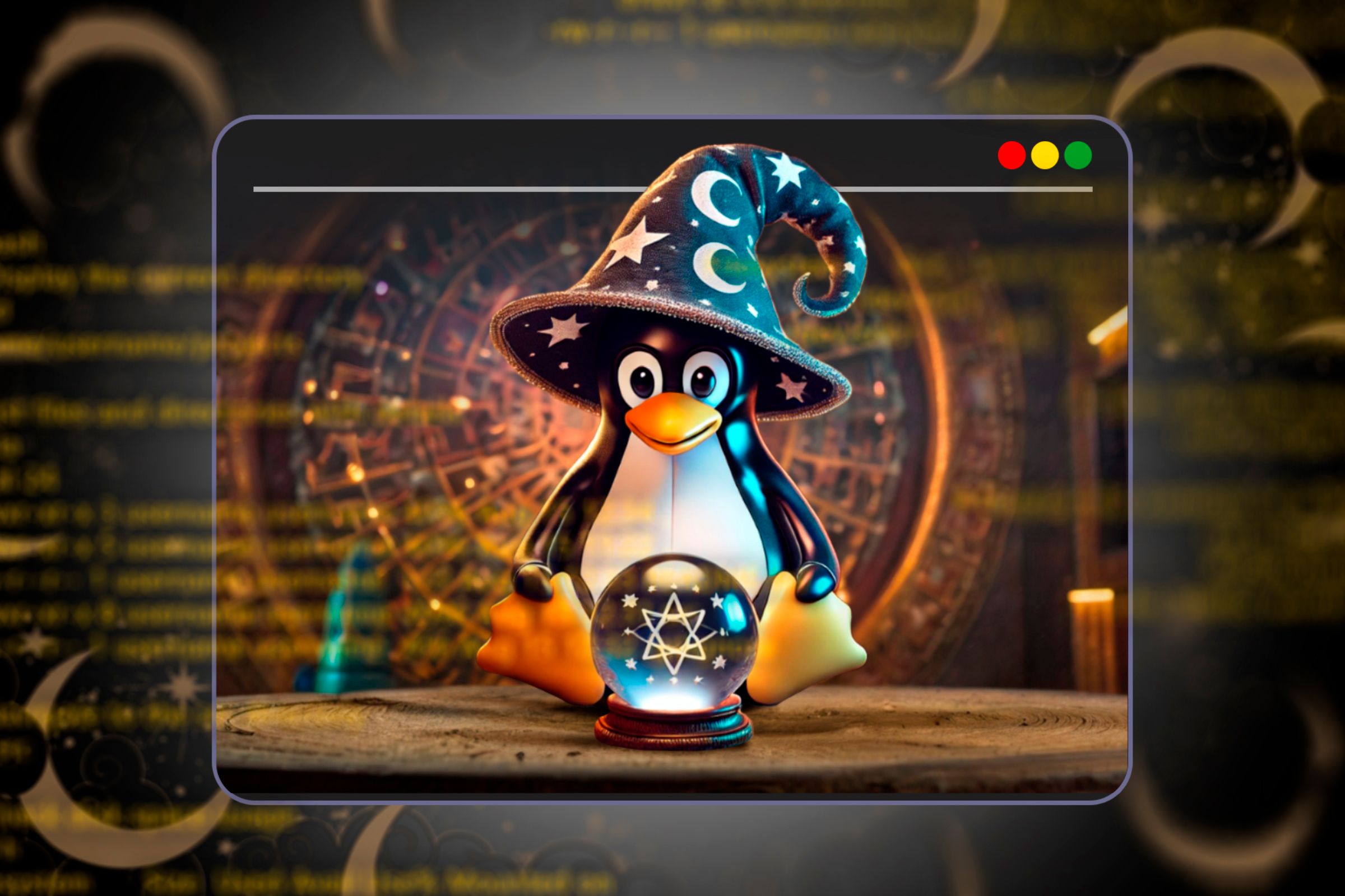 Linux terminal with Tux depicted as a fortune teller.