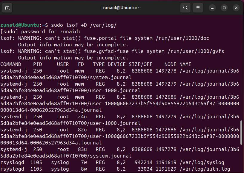 Listing all the open files in a specific directory on Linux.