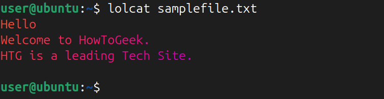 Displaying file content in colored output on Linux terminal using lolcat command.