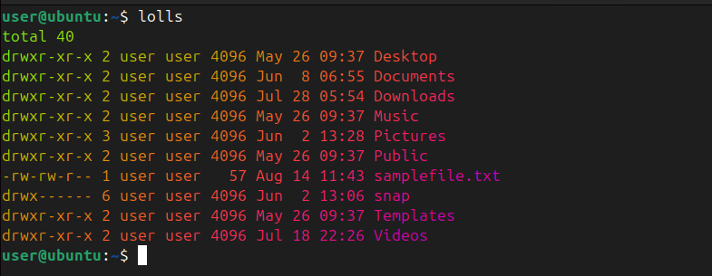 Displaying files and directories in long colored format using the alias lolls.