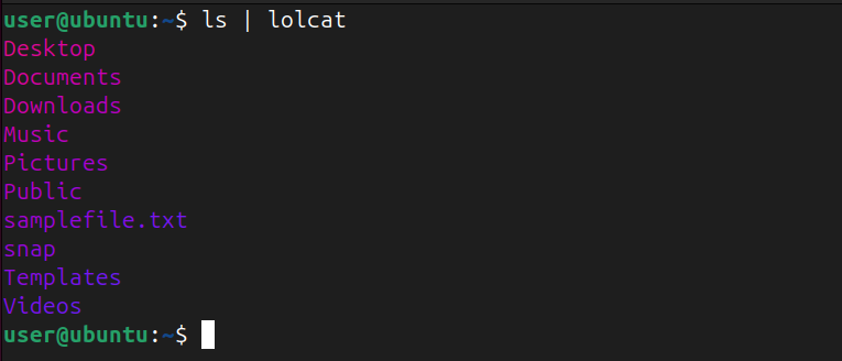 Listing files and directories of Ubuntu Linux in colored output using lolcat.