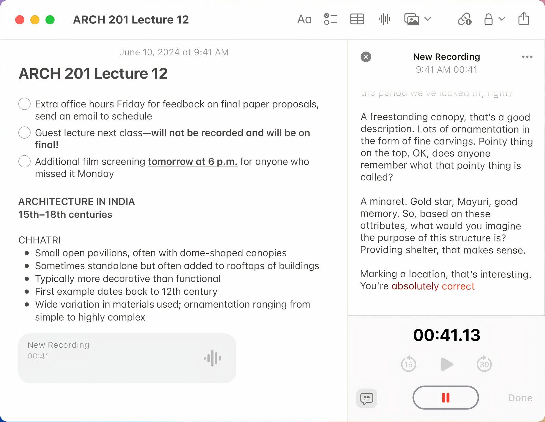 Live audio transcription in the Mac's Notes app.