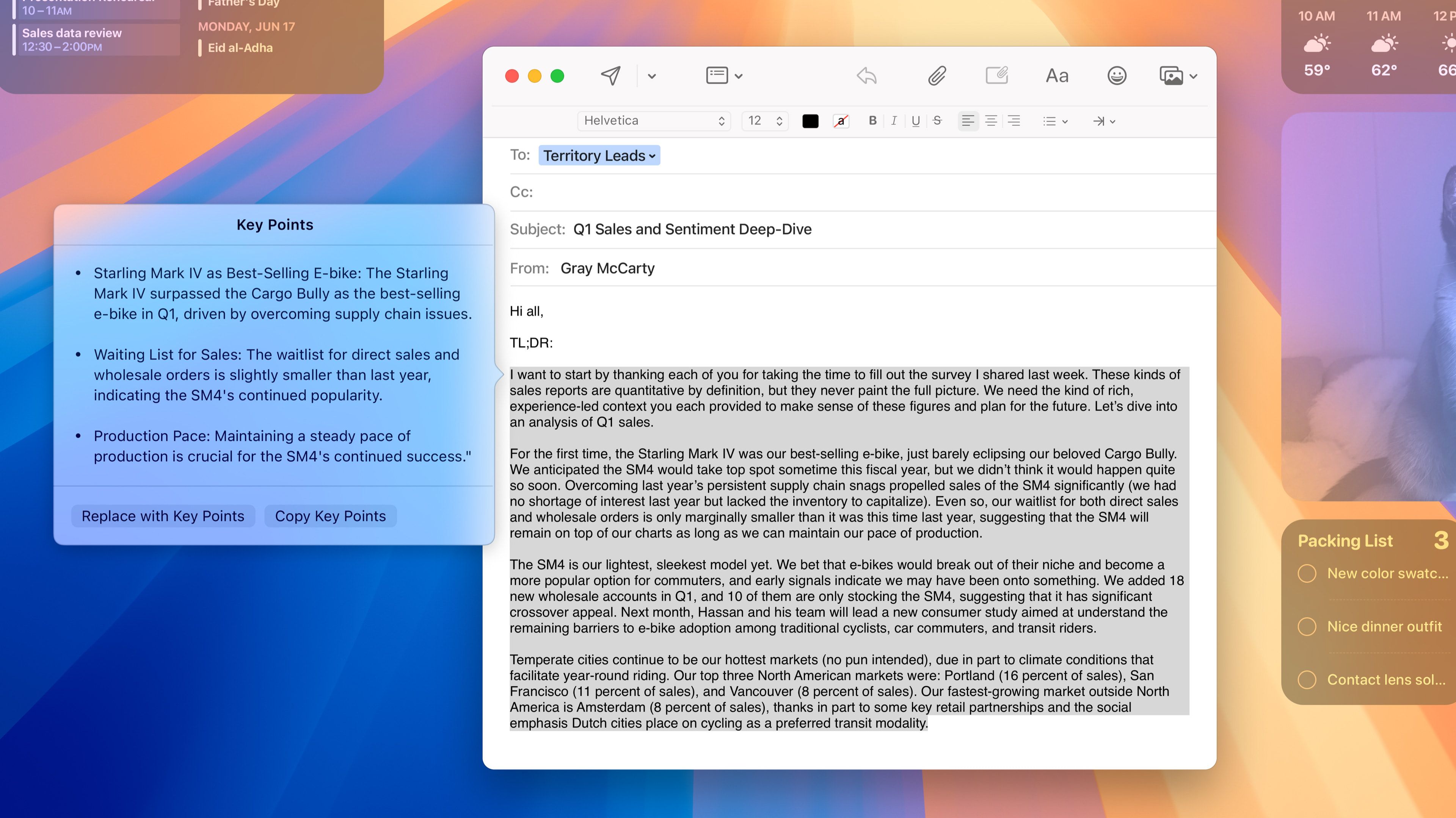 Summarizing an email in the Mail app on macOS Sequoia.