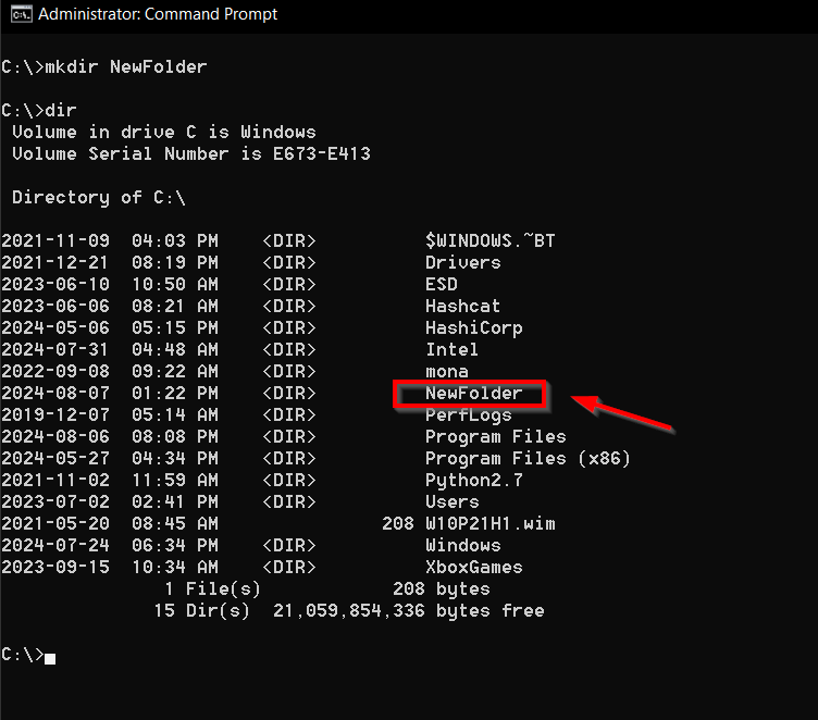 Using the mkdir command in Windows to create a new directory.