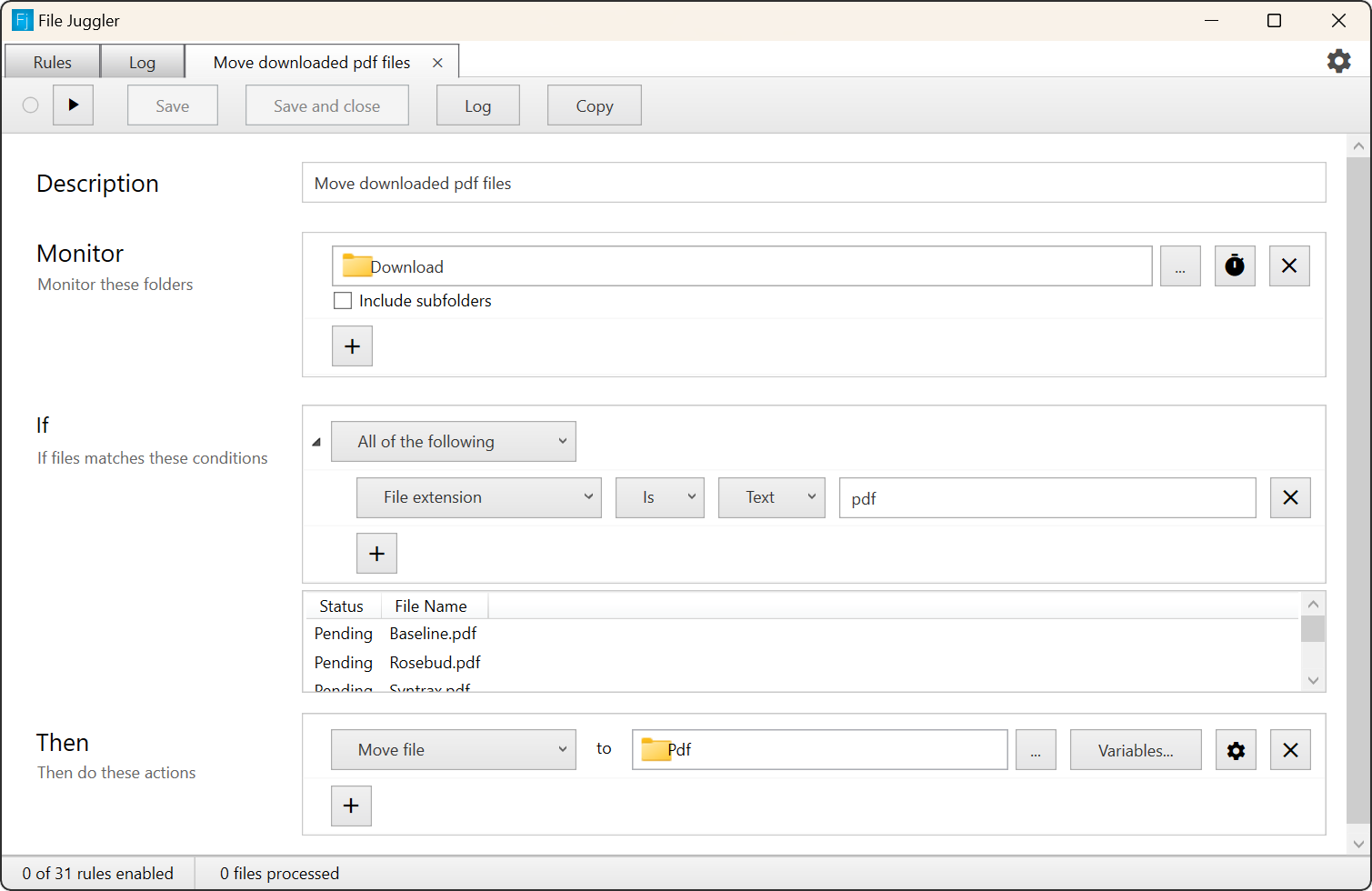 Configuring file sorting automation in File Juggler.