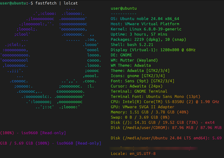 Getting system information in rainbow colored format using neofetch and lolcat.