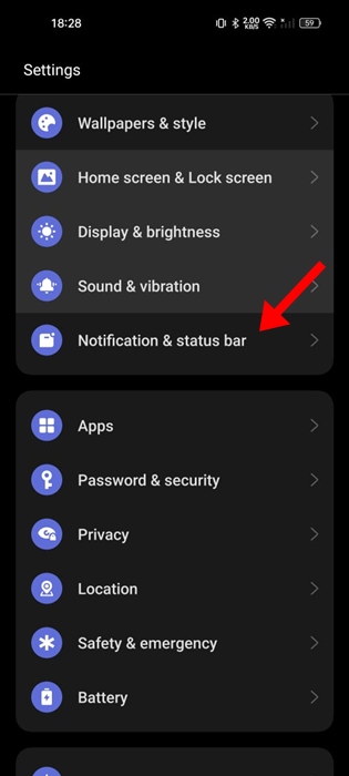 Notifications & Status bar.