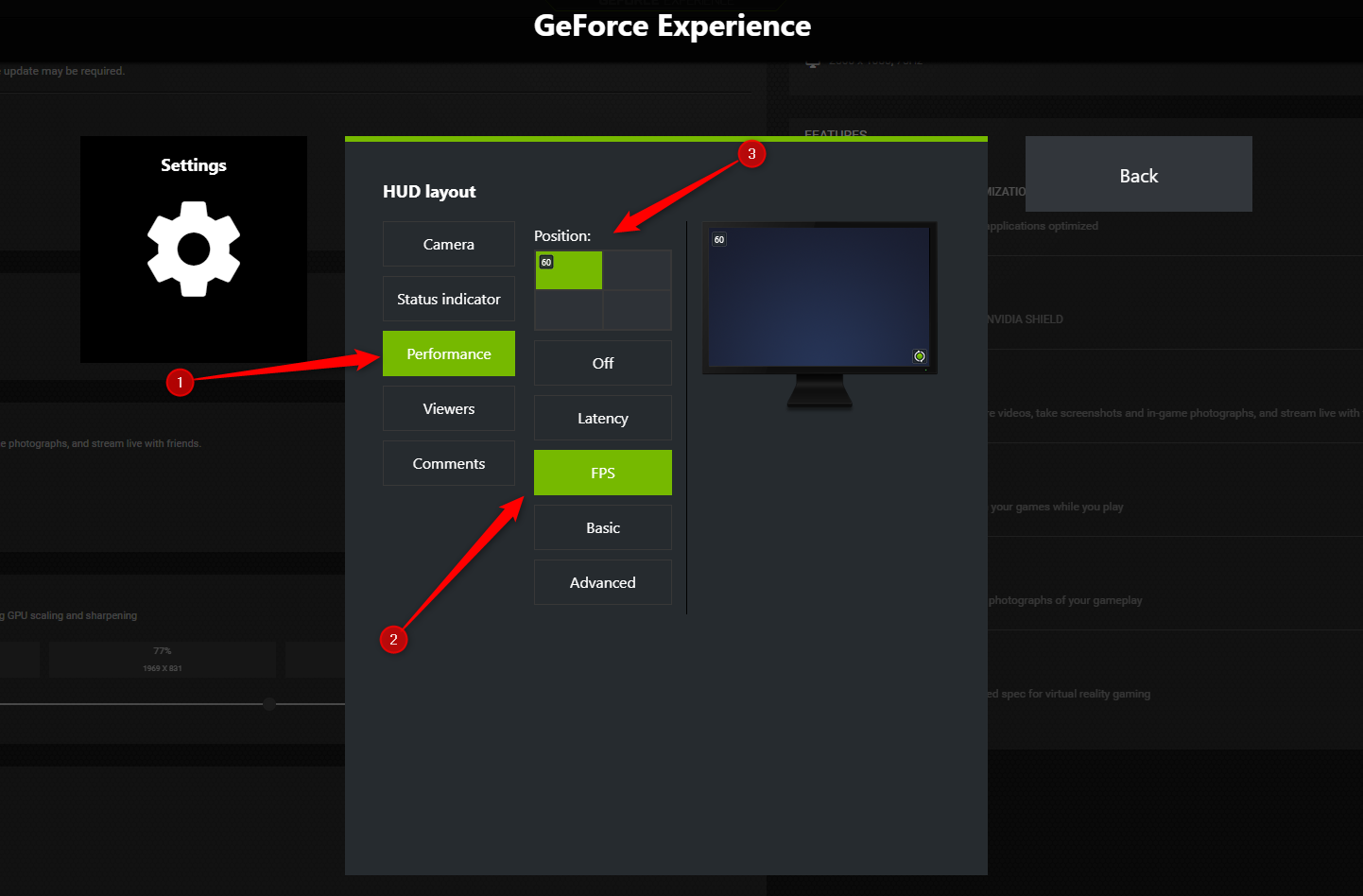 The NVIDIA GeForce Experience HUD Layout menu.