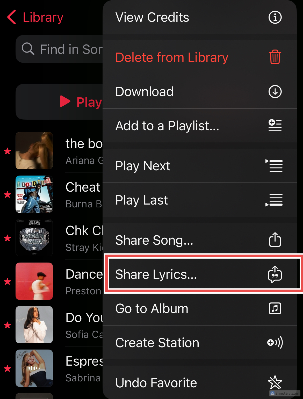 The Share Lyrics option in Apple Music.