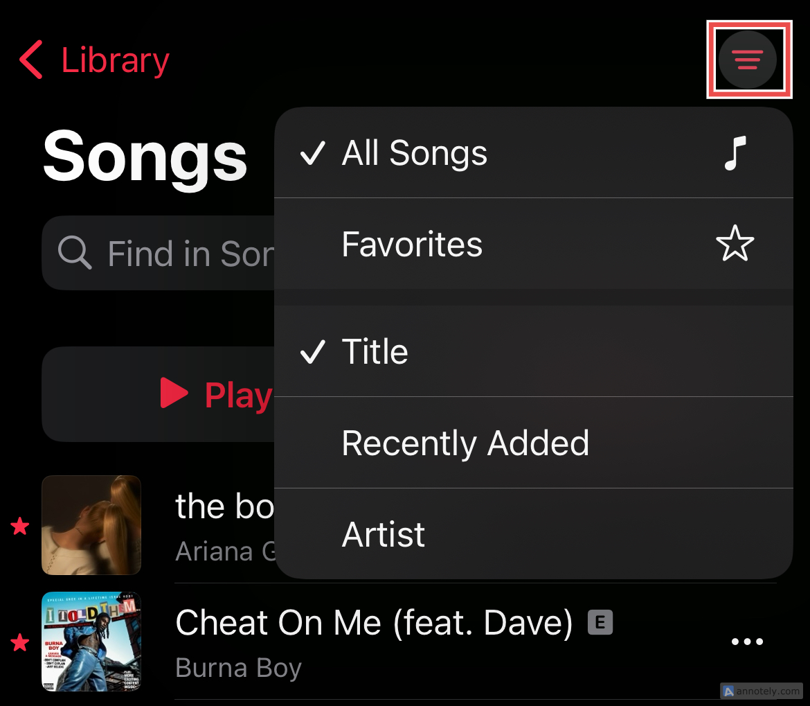 The hamburger button in the Apple Music Library.