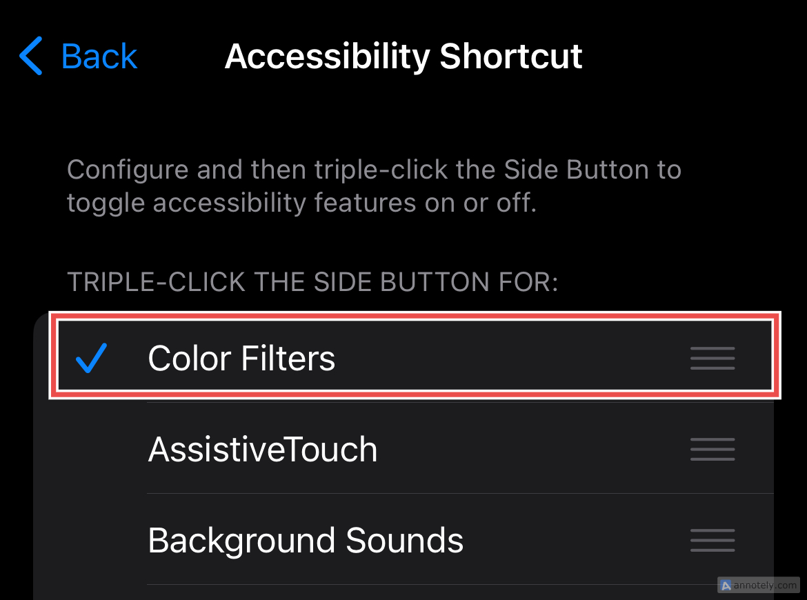 Color Filters in Accessibility Shortcut.