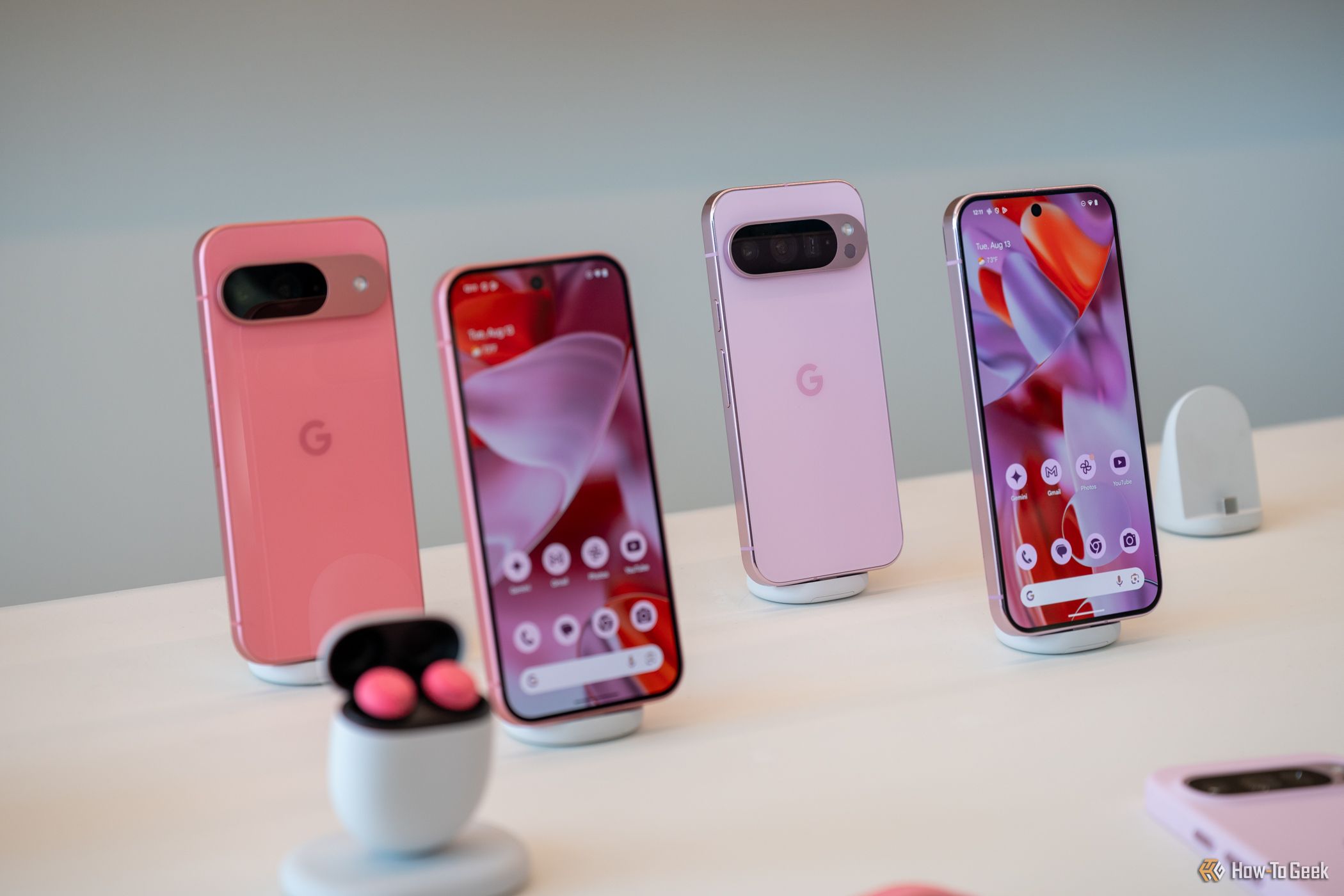 Peony Google Pixel 9 and Rose Quartz Pixel 9 Pro on display.