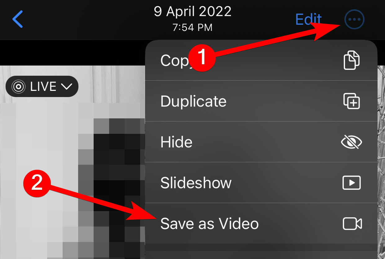 Saving a Live Photo as a video in the Photos app on iPhone.