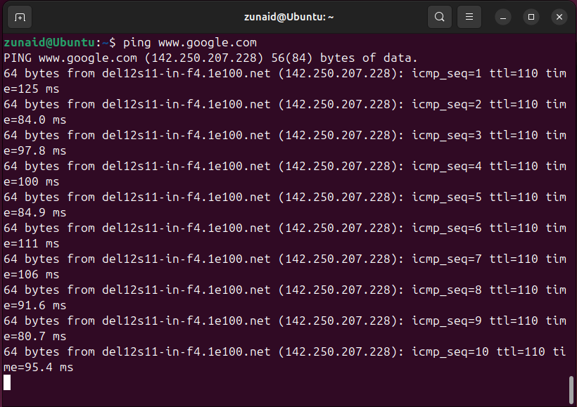 Pinging google.com to test network connection on Linux.