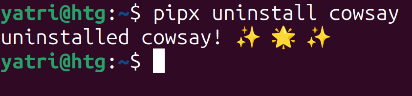 terminal window showing the pipx uninstall command output, which says it successfully uninstalled the cowsay app