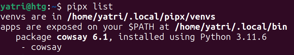 terminal window with the output of the pipx list command which shows only cowsay is installed