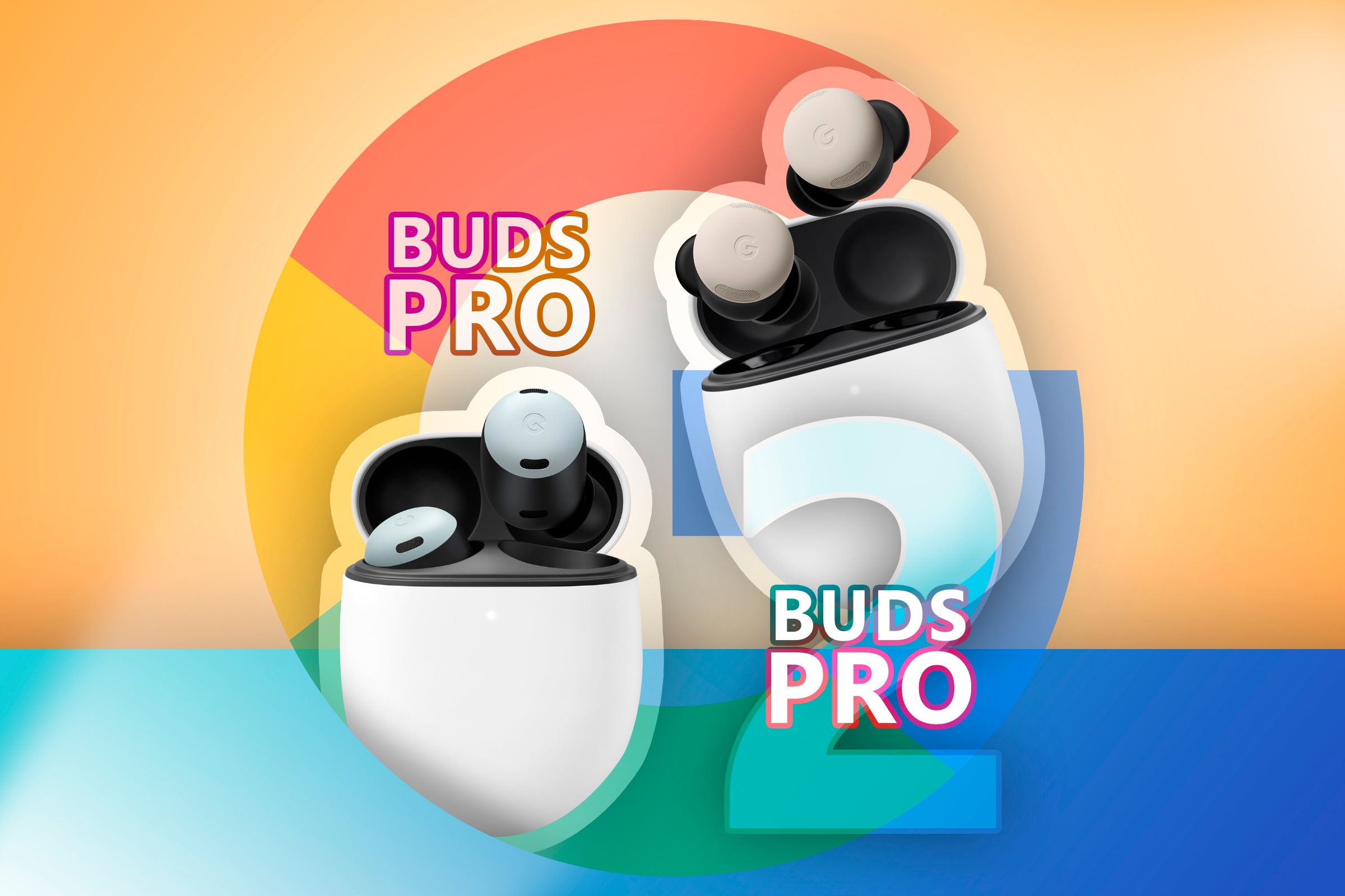 Pixel Buds Pro vs Pixel Buds Pro 2 with the Google logo in the background.