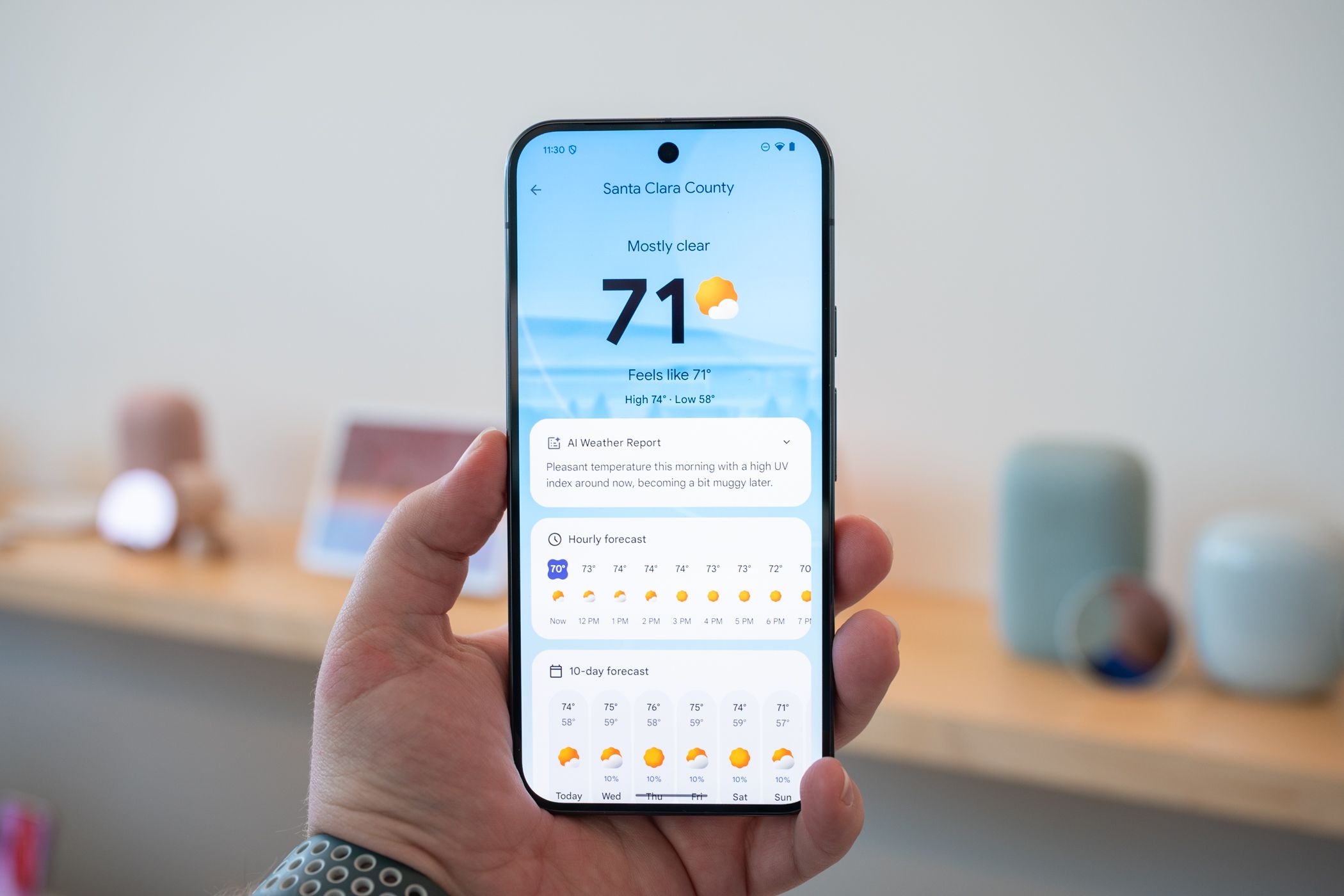 Pixel Weather app running on a Google Pixel 9