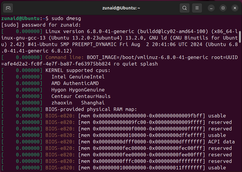 Printing kernel ring buffer messages on Linux using the dmesg command.