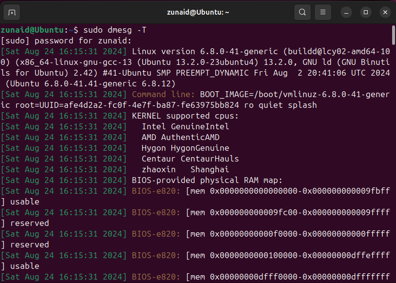 Printing kernel ring buffer messages with human readable timestamps on Linux using the dmesg command.